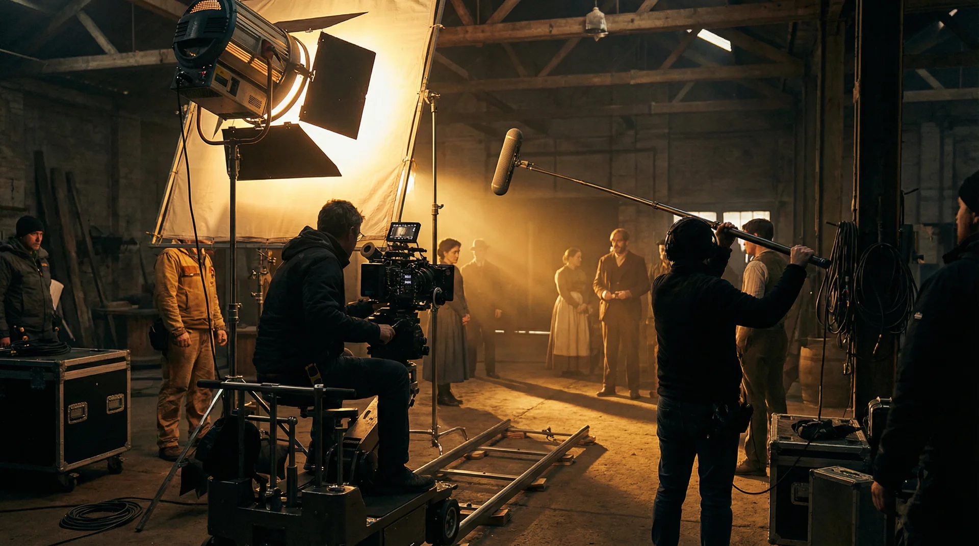 有关陈彦妃的电视剧 片场实拍，摄影团队在暖色灯光下紧张工作