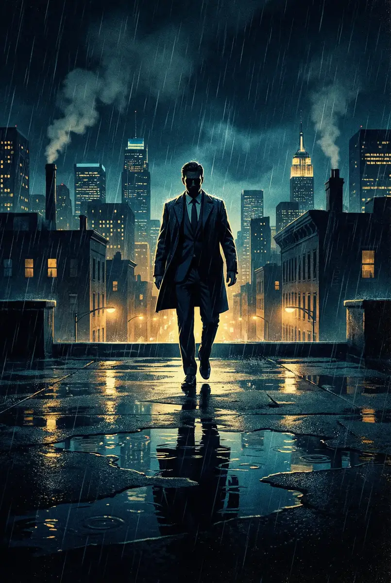 有关陈彦妃的电视剧 出品影片《雨夜独行者》海报，雨中城市屋顶男性剪影